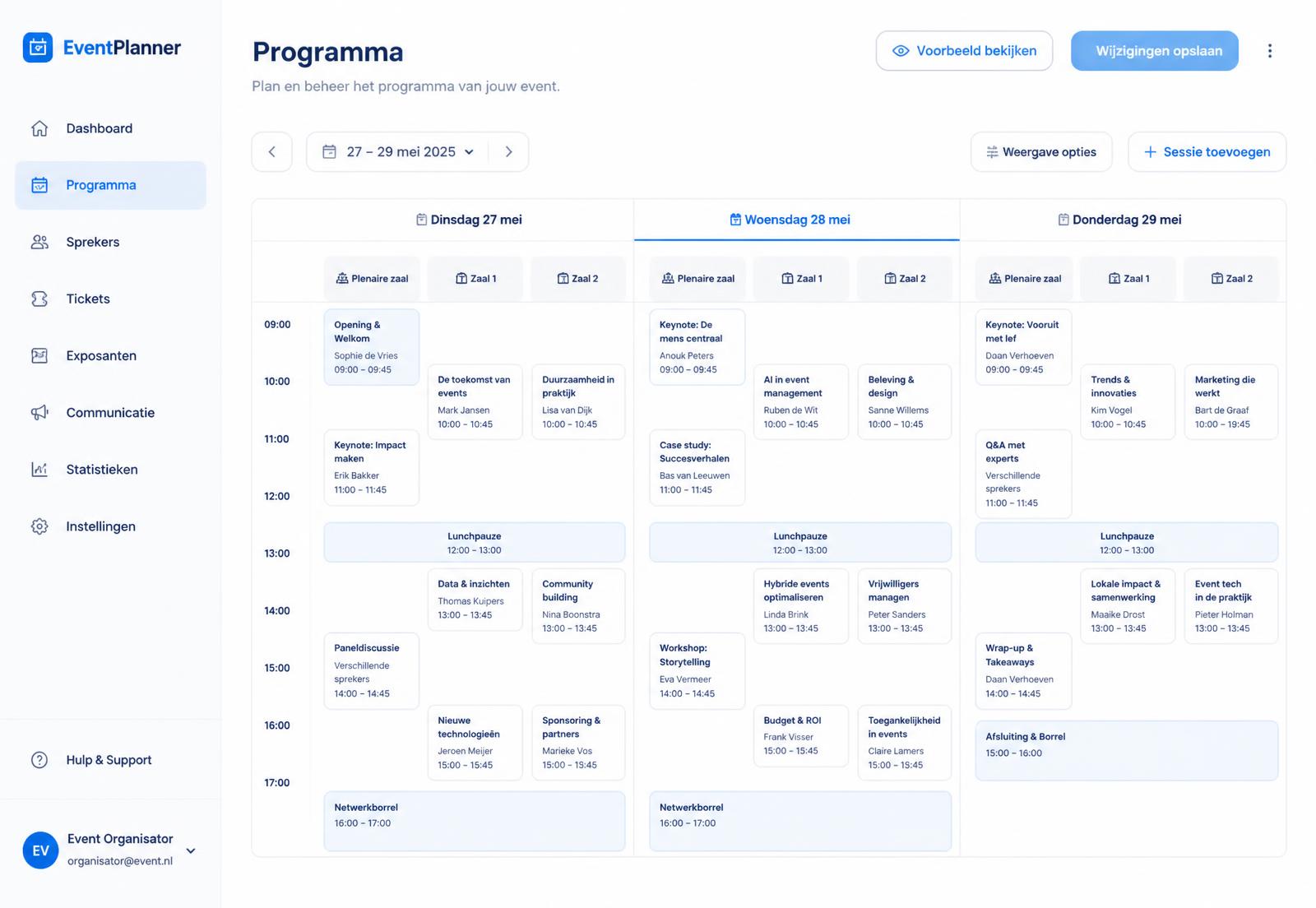 Omiqo-scherm met het programma per dag, zaal en spreker