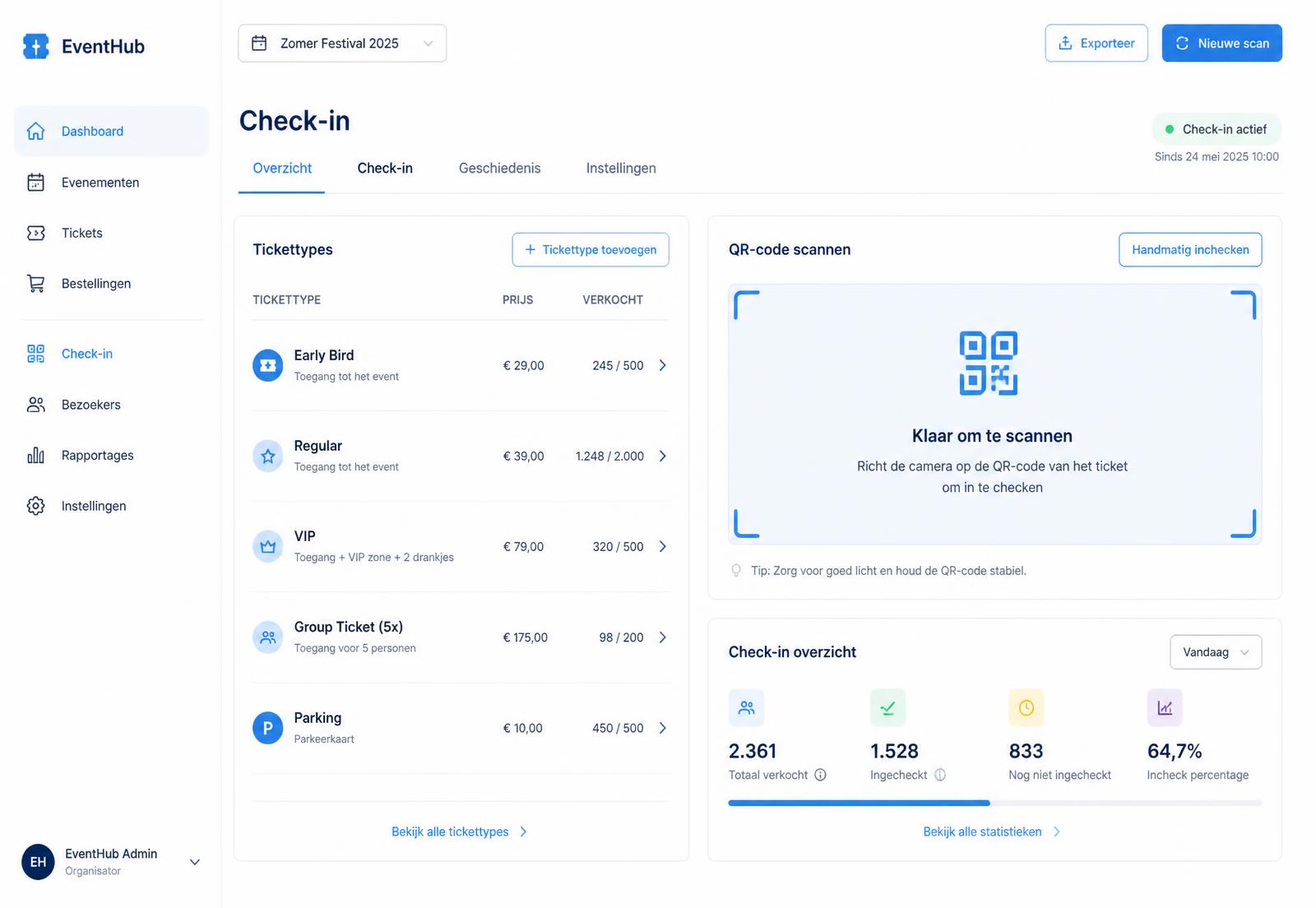 Omiqo-scherm met tickettypes en QR-check-in